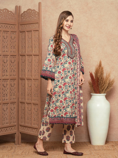 Floral Printed Mirror & Zari Embroidered Crochet Lace Work Kurta with Pants & Dupatta - Cream