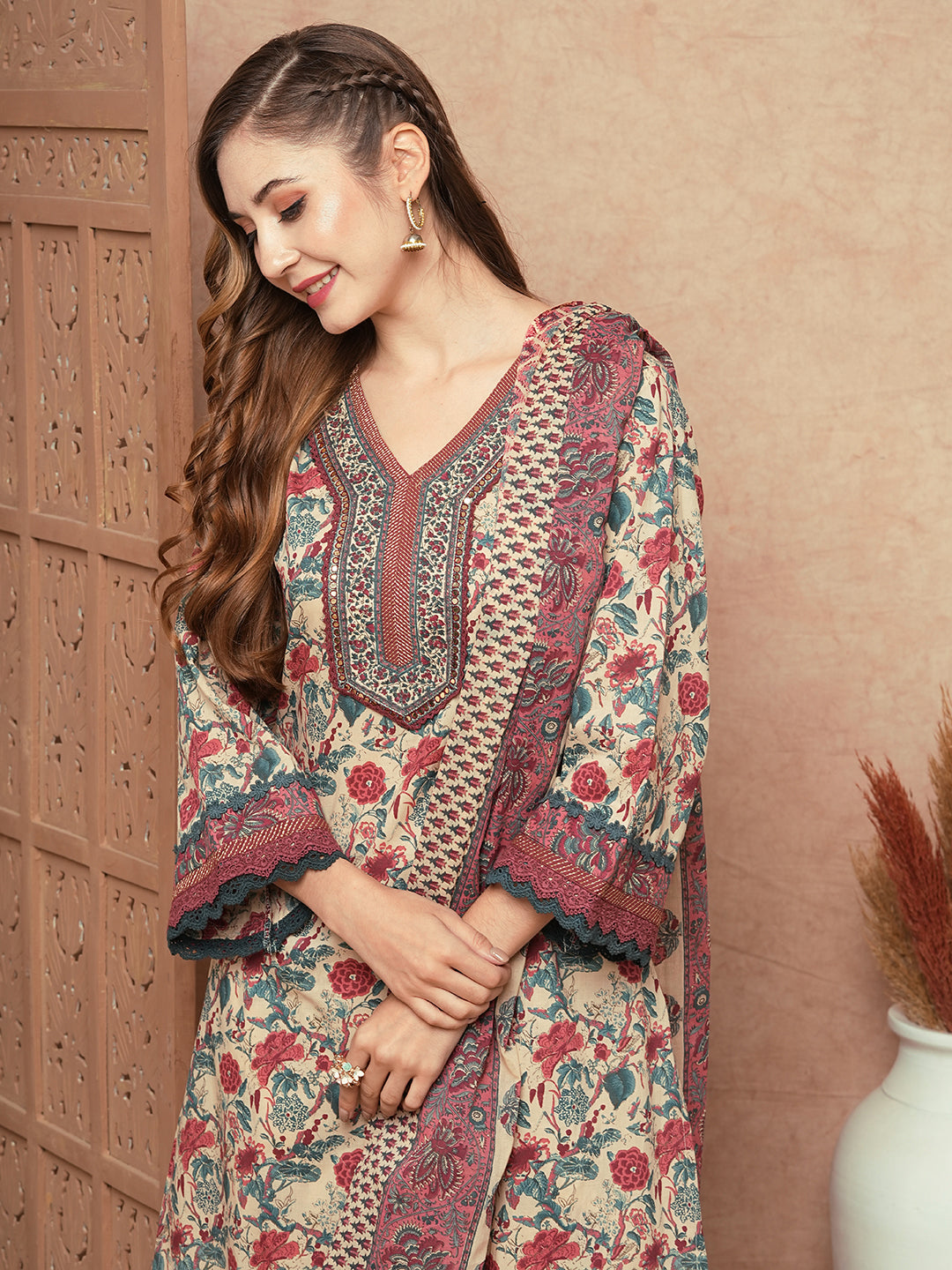 Floral Printed Mirror & Zari Embroidered Crochet Lace Work Kurta with Pants & Dupatta - Cream