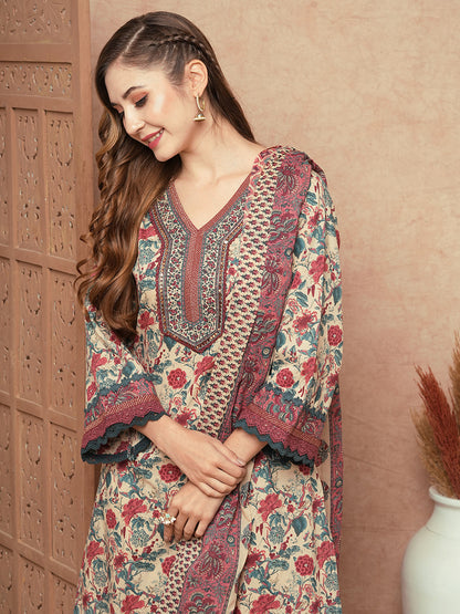 Floral Printed Mirror & Zari Embroidered Crochet Lace Work Kurta with Pants & Dupatta - Cream