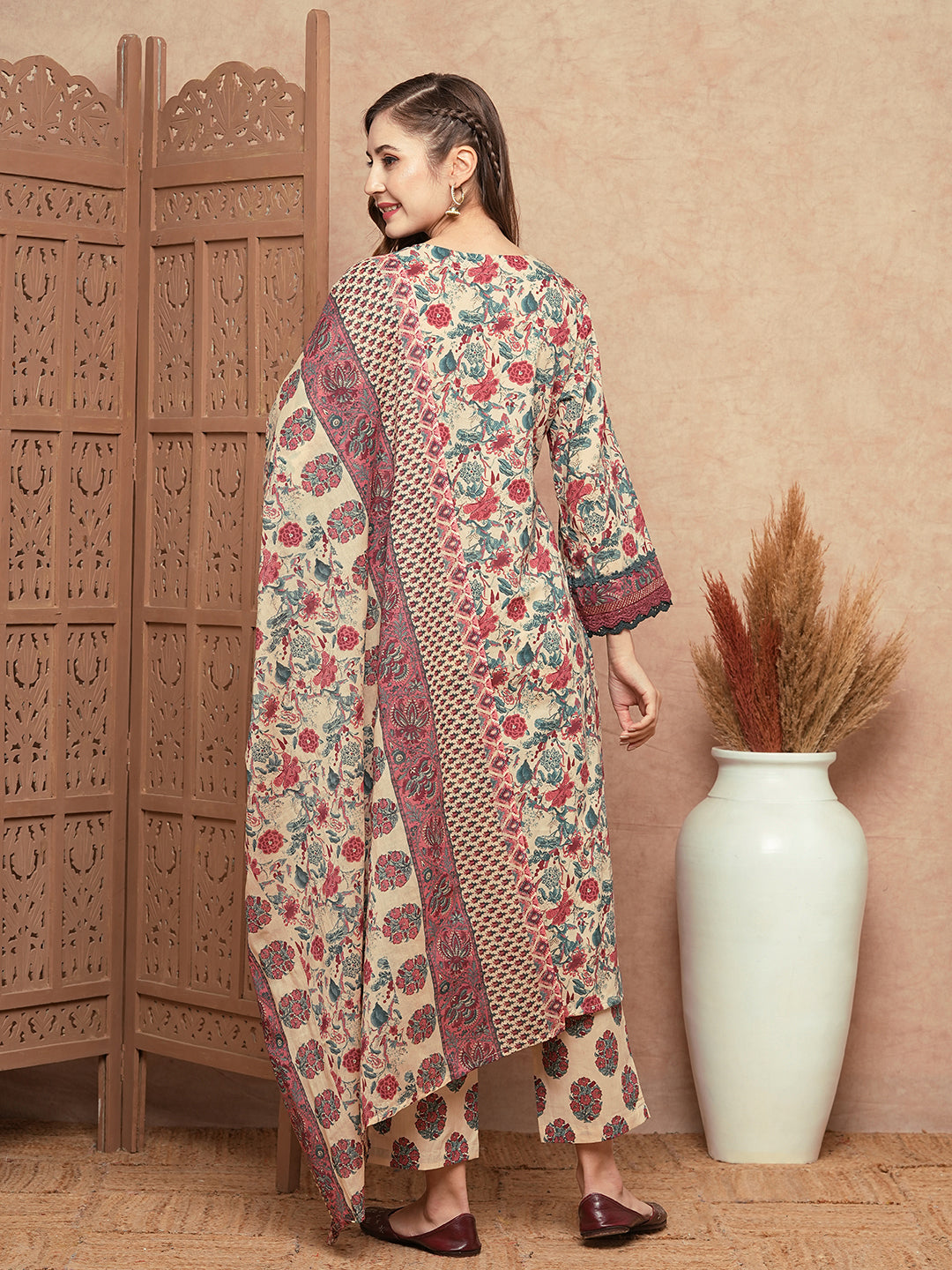 Floral Printed Mirror & Zari Embroidered Crochet Lace Work Kurta with Pants & Dupatta - Cream