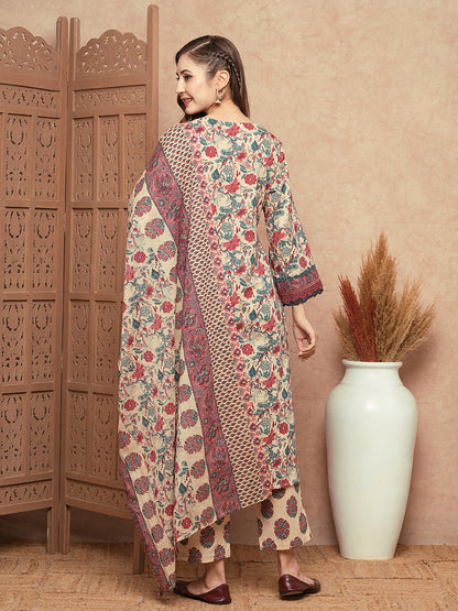 Floral Printed Mirror & Zari Embroidered Crochet Lace Work Kurta with Pants & Dupatta - Cream