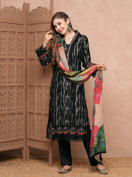 Shibori Printed Resham Embroidered Crochet Lace Work Kurta with Pants & Dupatta - Black