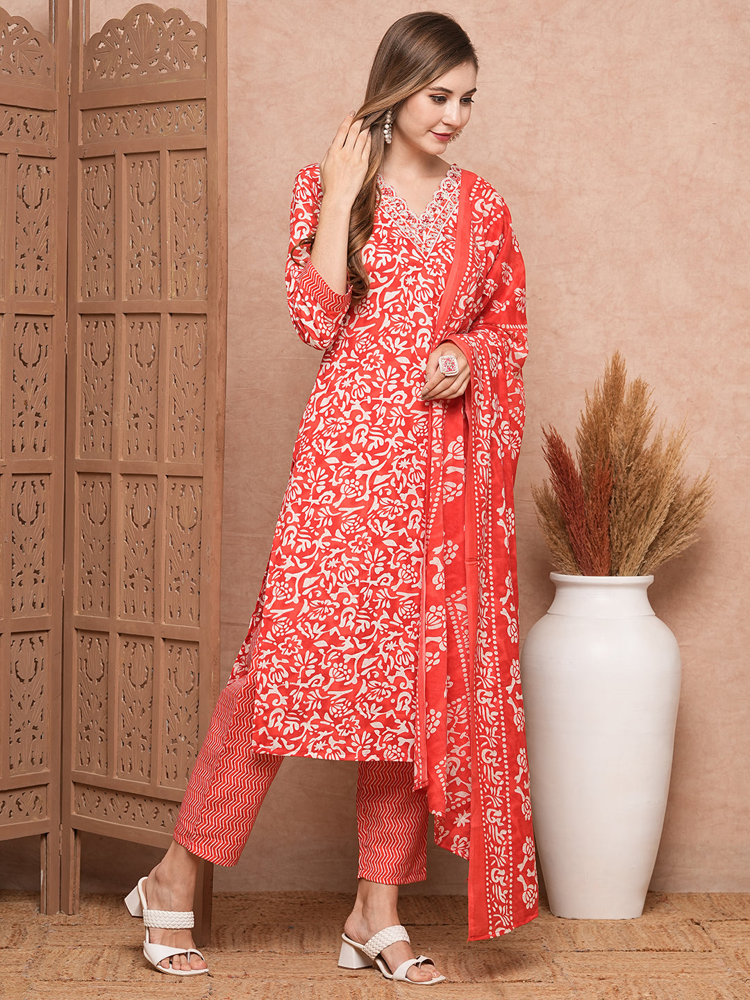 Abstract Printed Mirror & Sequins Embroidered Kurta with Pants & Dupatta - Red