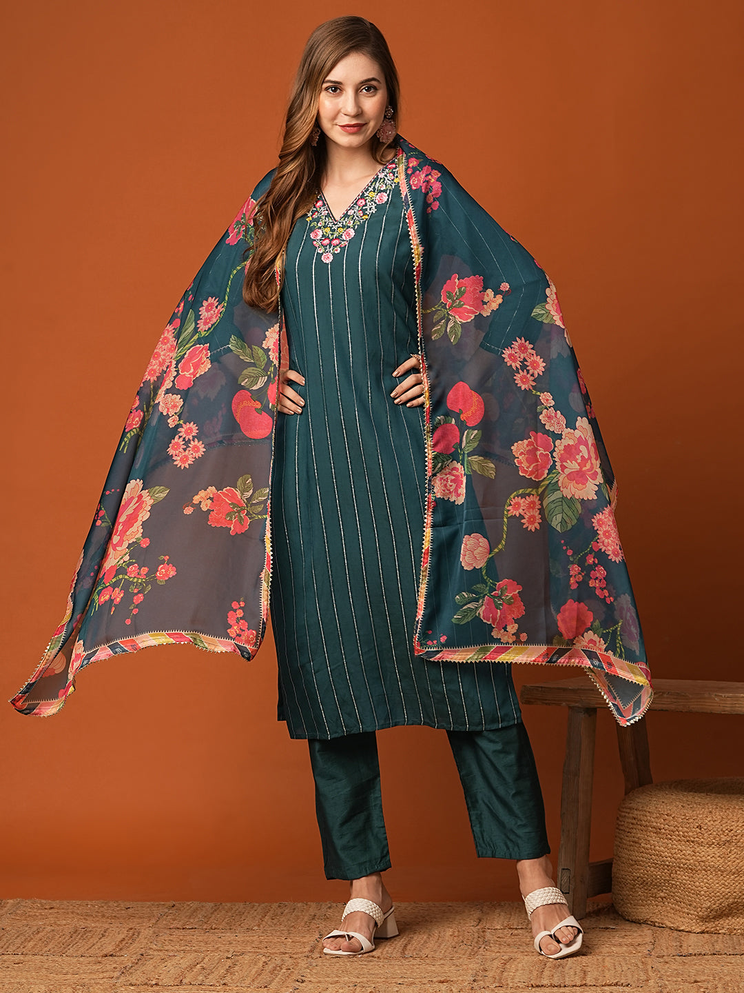 Woven Striped Resham Embroidered Kurta with Pants & Floral Dupatta - Teal