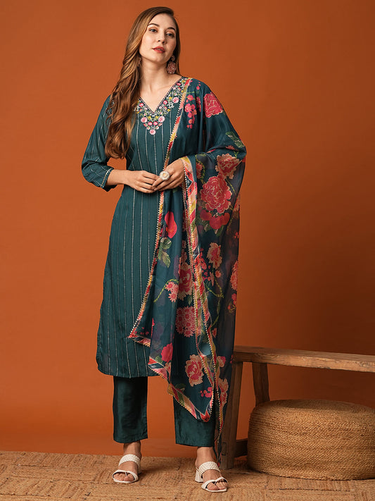 Woven Striped Resham Embroidered Kurta with Pants & Floral Dupatta - Teal