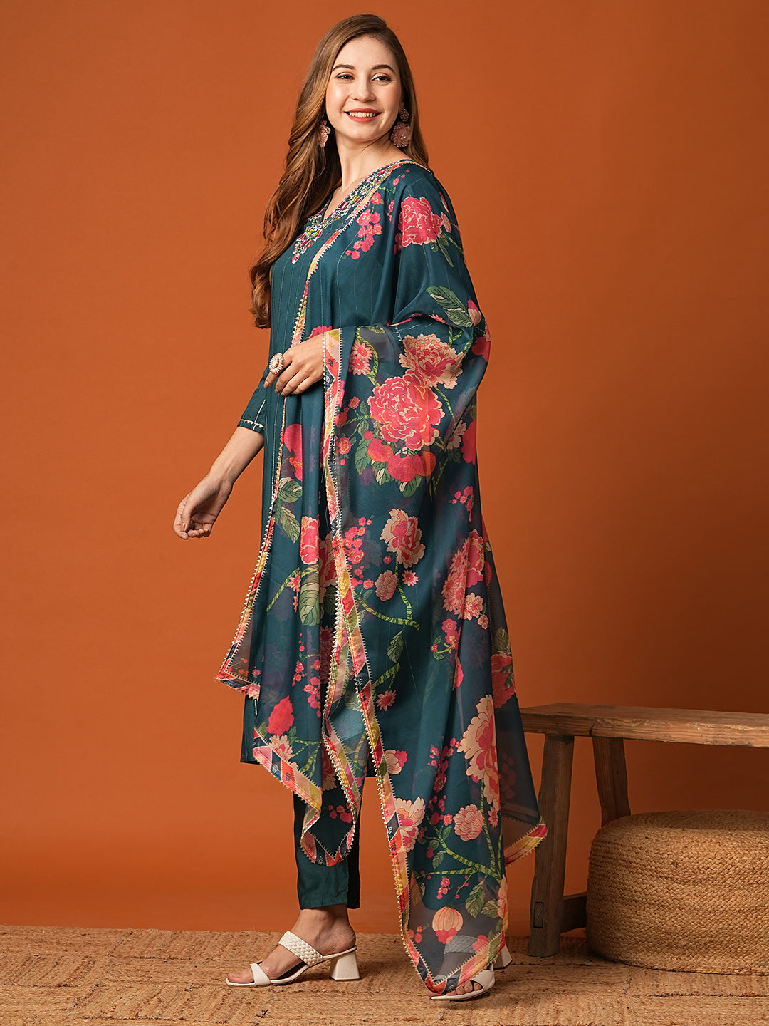 Woven Striped Resham Embroidered Kurta with Pants & Floral Dupatta - Teal