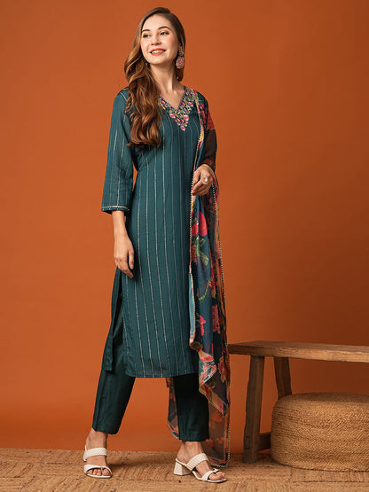 Woven Striped Resham Embroidered Kurta with Pants & Floral Dupatta - Teal