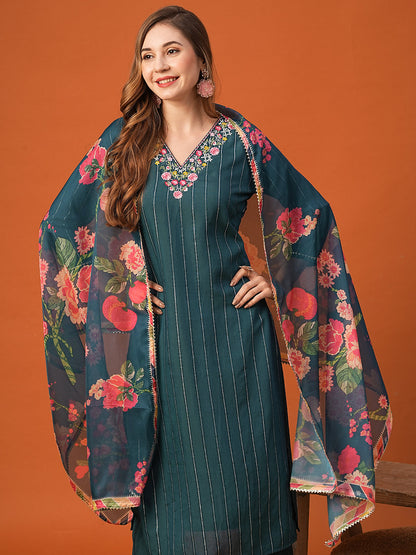 Woven Striped Resham Embroidered Kurta with Pants & Floral Dupatta - Teal