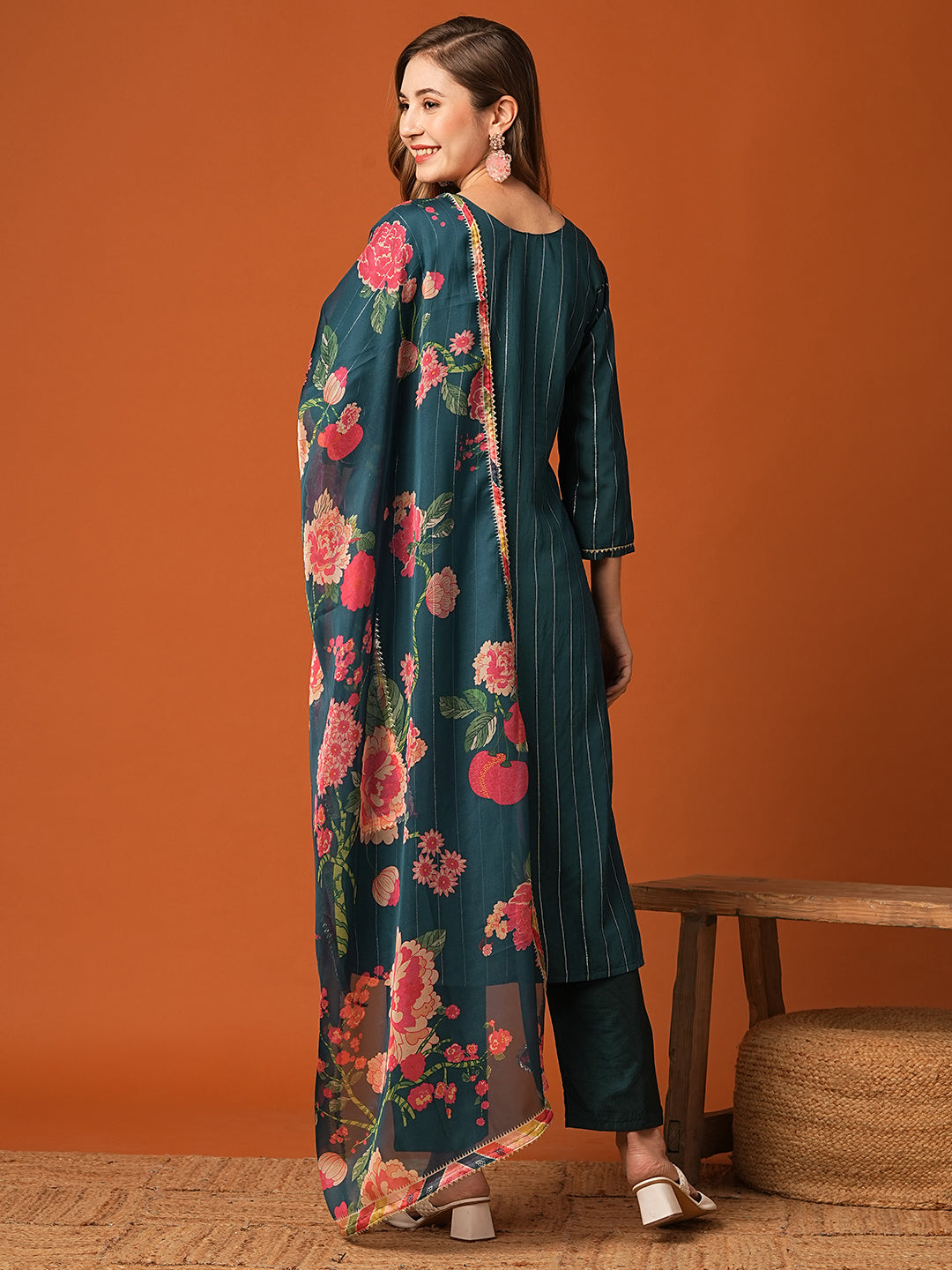 Woven Striped Resham Embroidered Kurta with Pants & Floral Dupatta - Teal