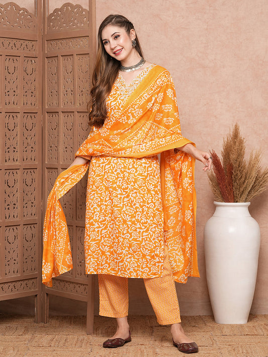 Abstract Printed Mirror & Sequins Embroidered Kurta with Pants & Dupatta - Mustard