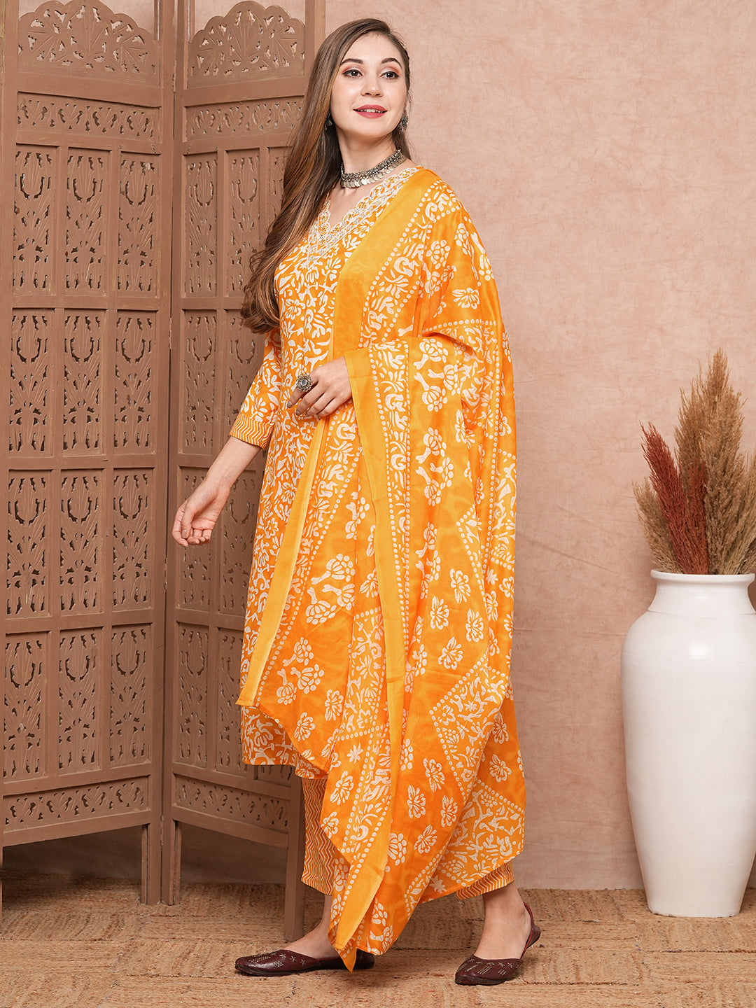 Abstract Printed Mirror & Sequins Embroidered Kurta with Pants & Dupatta - Mustard