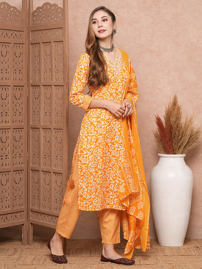 Abstract Printed Mirror & Sequins Embroidered Kurta with Pants & Dupatta - Mustard