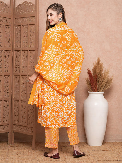 Abstract Printed Mirror & Sequins Embroidered Kurta with Pants & Dupatta - Mustard