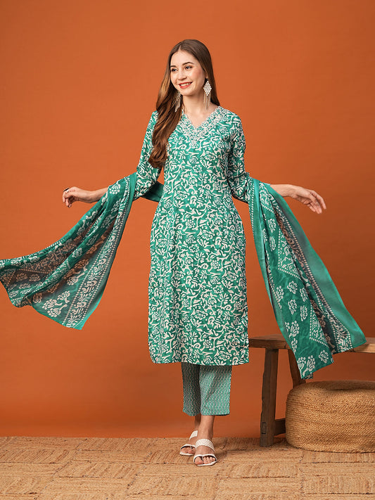 Abstract Floral Printed & Embroidered Straight Kurta with Pant & Dupatta - Sea Green