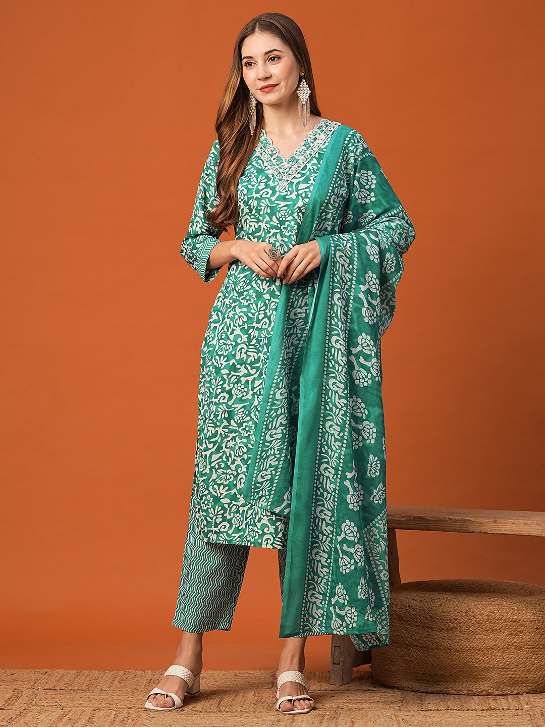 Abstract Floral Printed & Embroidered Straight Kurta with Pant & Dupatta - Sea Green