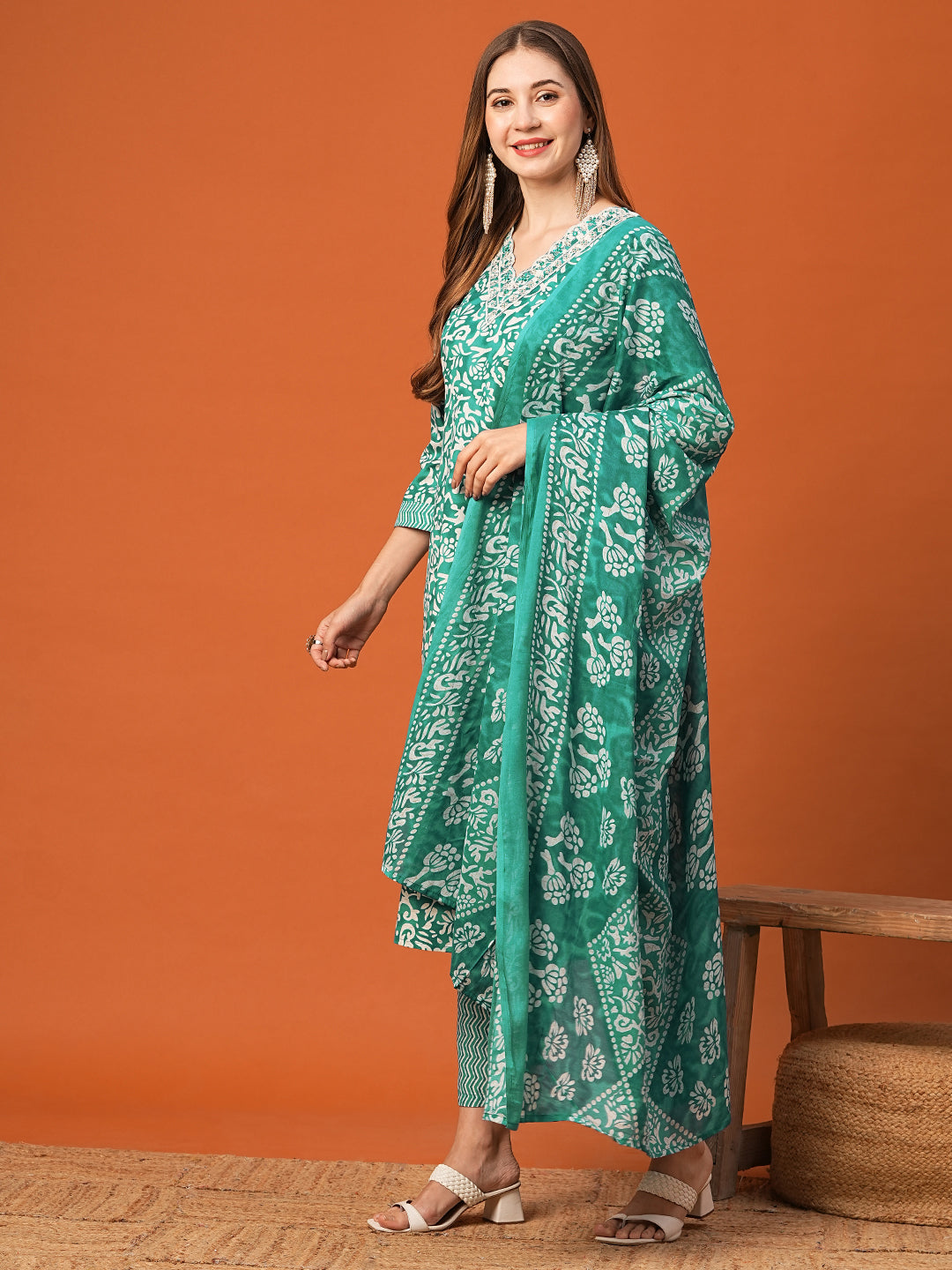 Abstract Floral Printed & Embroidered Straight Kurta with Pant & Dupatta - Sea Green