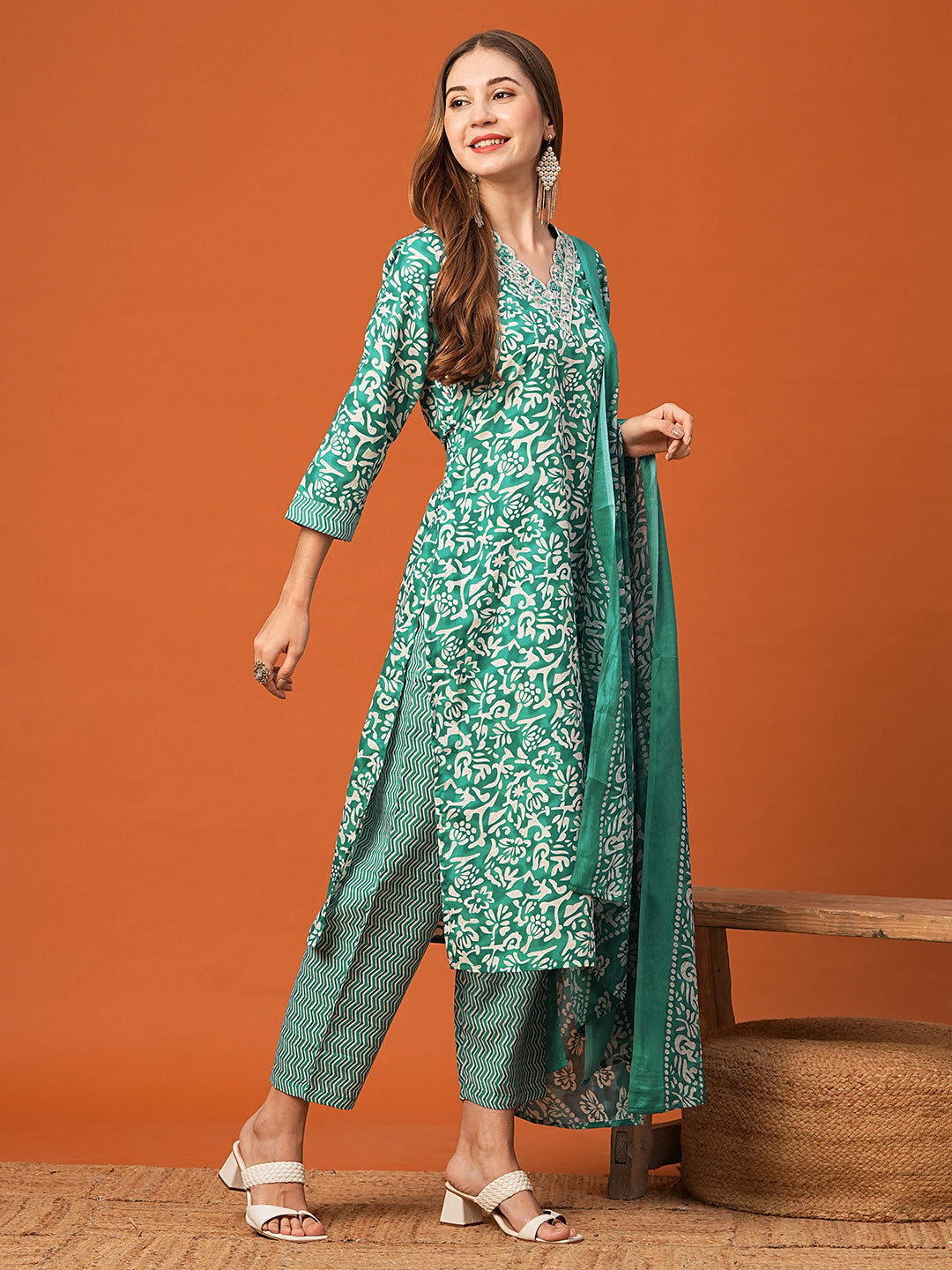 Abstract Floral Printed & Embroidered Straight Kurta with Pant & Dupatta - Sea Green