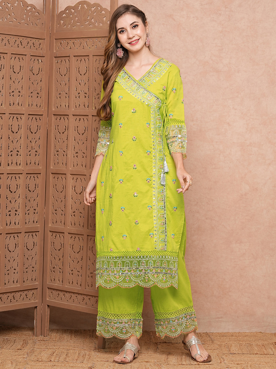 Solid Resham, Sequins & Zari Embroidered Kurta with Palazzo - Lime Green