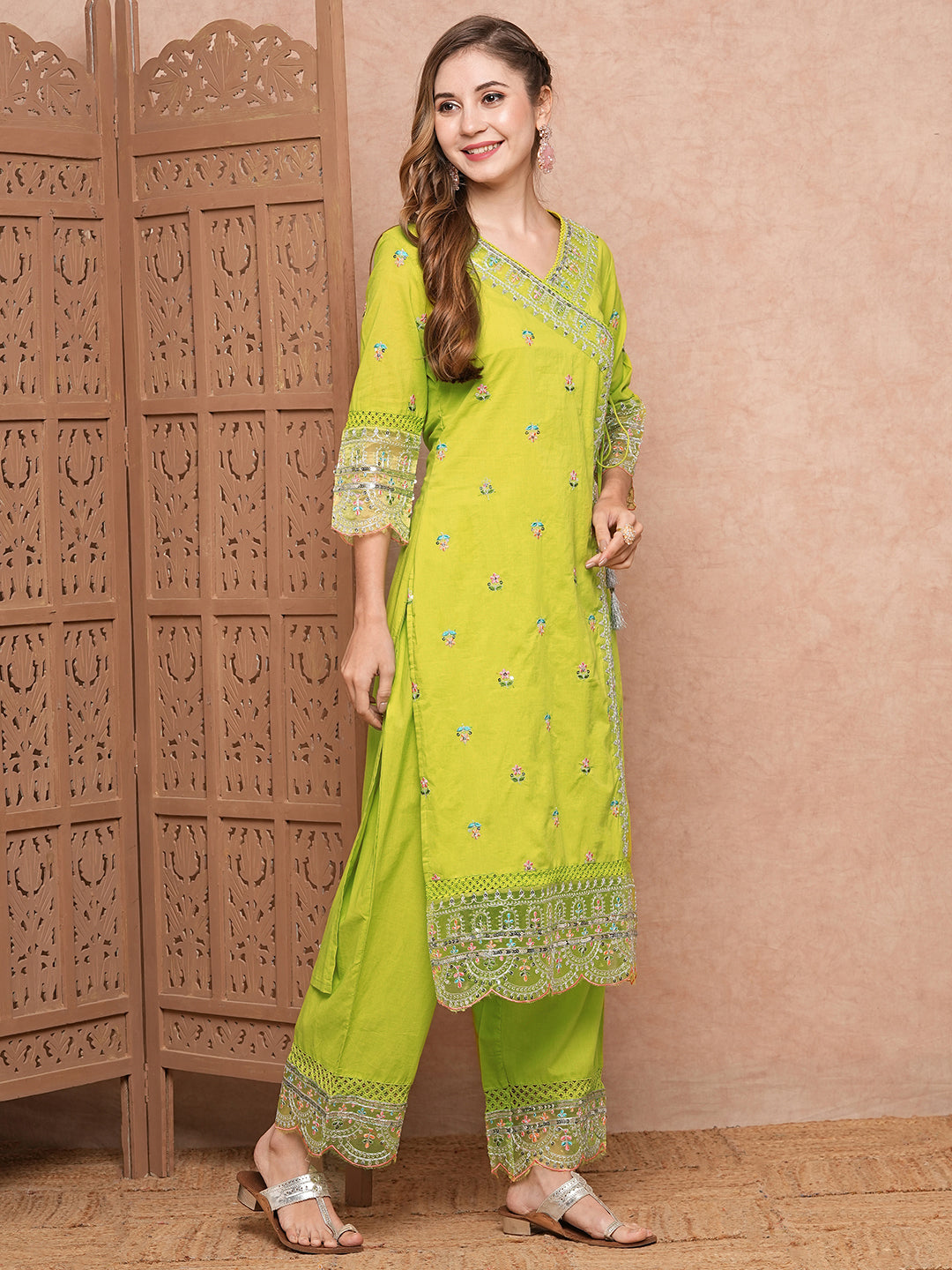 Solid Resham, Sequins & Zari Embroidered Kurta with Palazzo - Lime Green