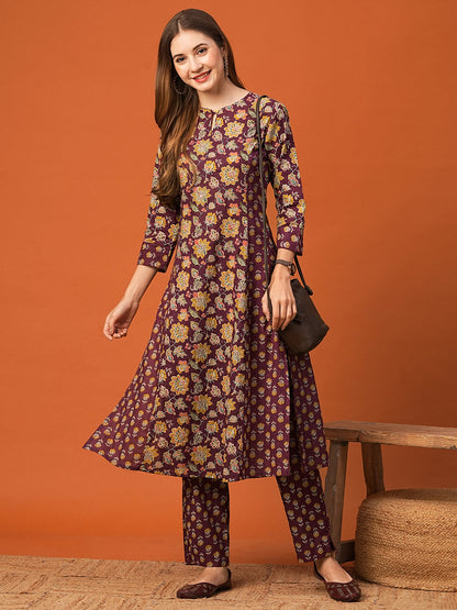 Floral Printed Mirror & Zari Embroidered A-line Kurta with Pants - Burgundy