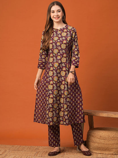 Floral Printed Mirror & Zari Embroidered A-line Kurta with Pants - Burgundy