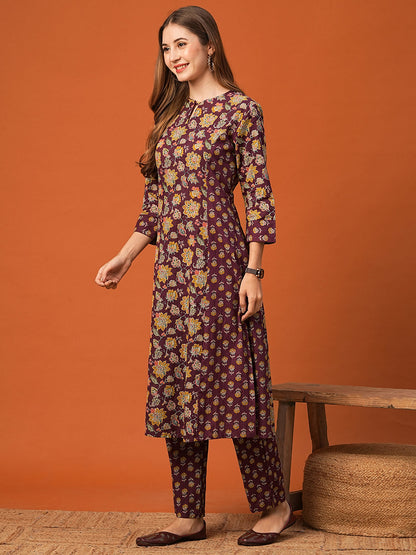 Floral Printed Mirror & Zari Embroidered A-line Kurta with Pants - Burgundy