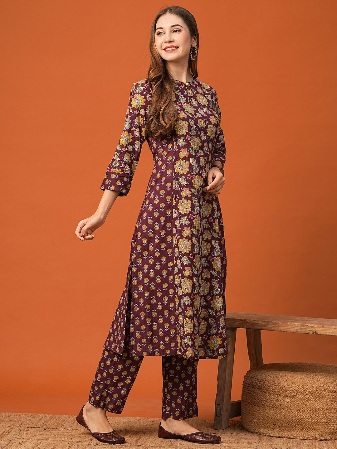 Floral Printed Mirror & Zari Embroidered A-line Kurta with Pants - Burgundy