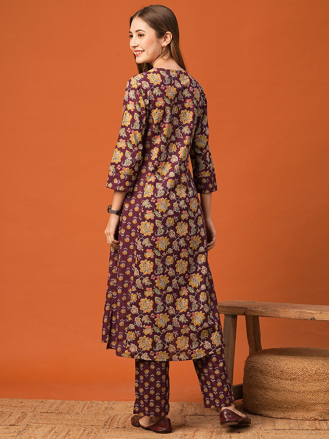 Floral Printed Mirror & Zari Embroidered A-line Kurta with Pants - Burgundy