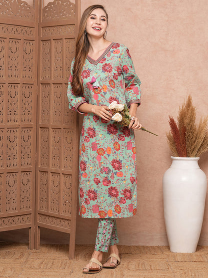 Floral Printed Mirror, Zari & Sequins Embroidered Kurta with Pants - Sea Green