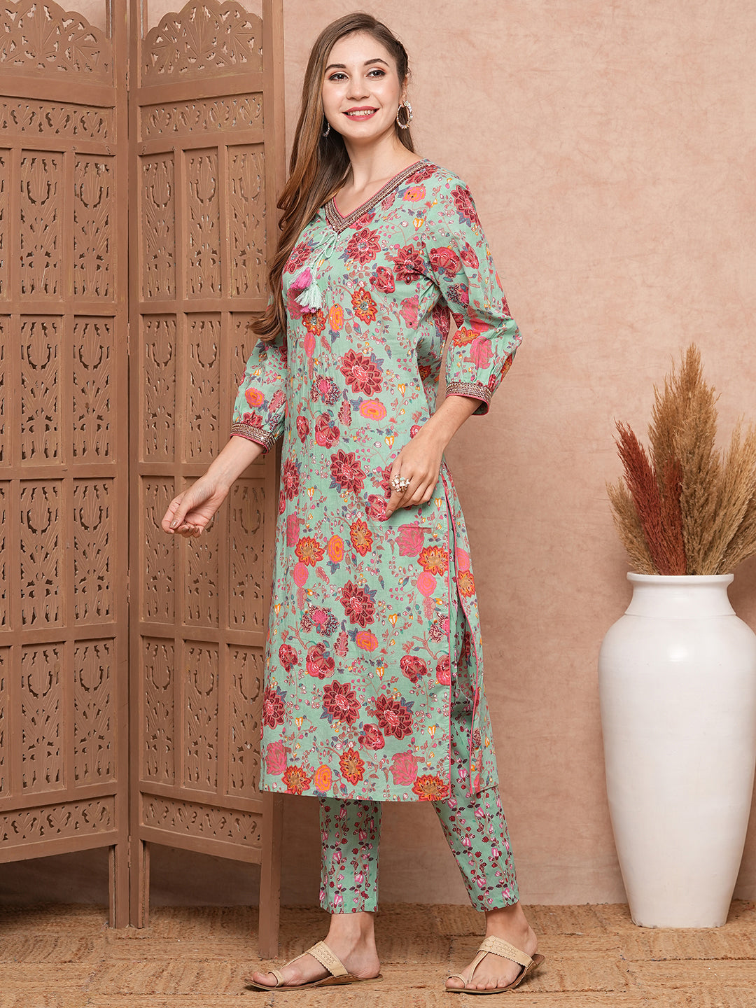 Floral Printed Mirror, Zari & Sequins Embroidered Kurta with Pants - Sea Green