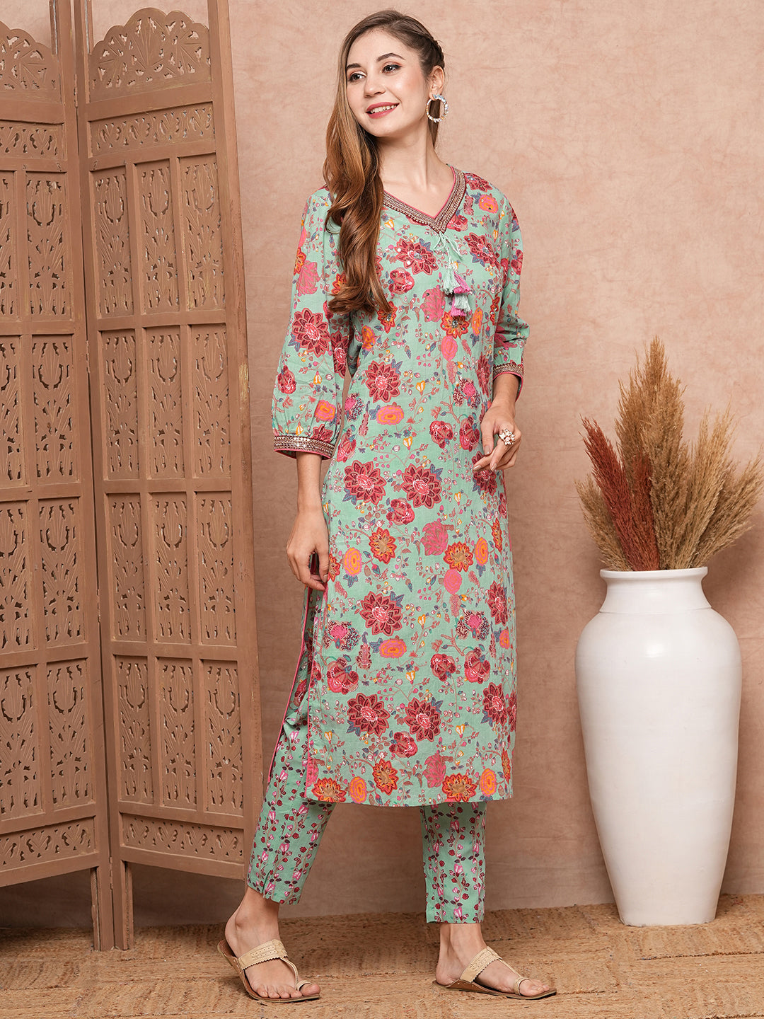 Floral Printed Mirror, Zari & Sequins Embroidered Kurta with Pants - Sea Green