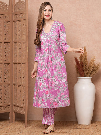 Floral Printed Sequins & Resham Embroidered Pleated Kurta with Pants - Purple