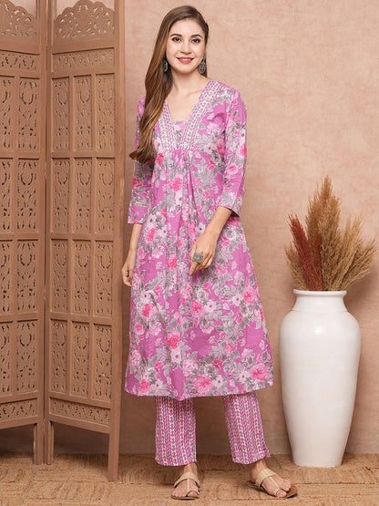 Floral Printed Sequins & Resham Embroidered Pleated Kurta with Pants - Purple