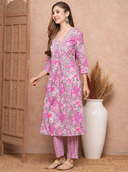 Floral Printed Sequins & Resham Embroidered Pleated Kurta with Pants - Purple