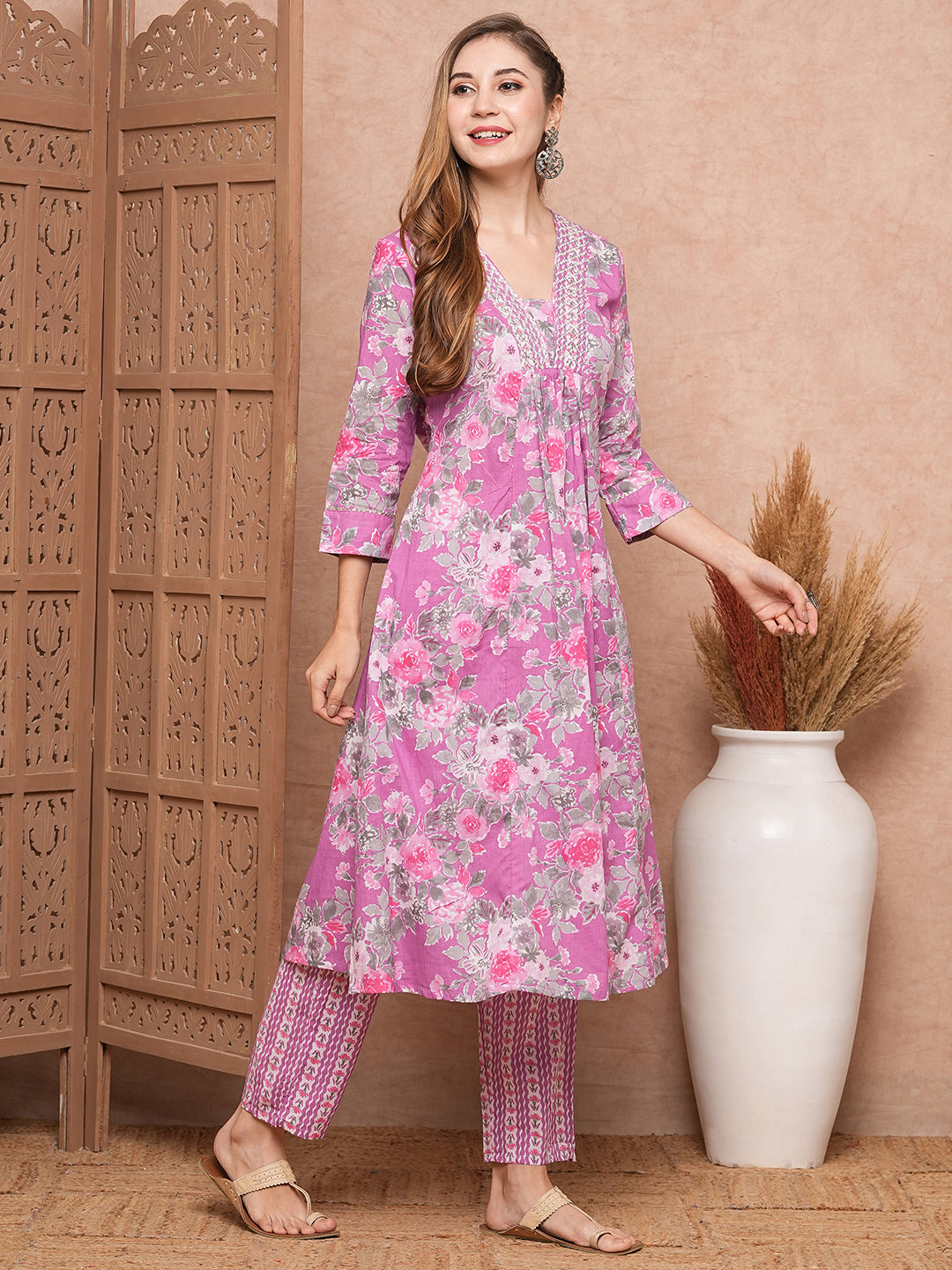 Floral Printed Sequins & Resham Embroidered Pleated Kurta with Pants - Purple