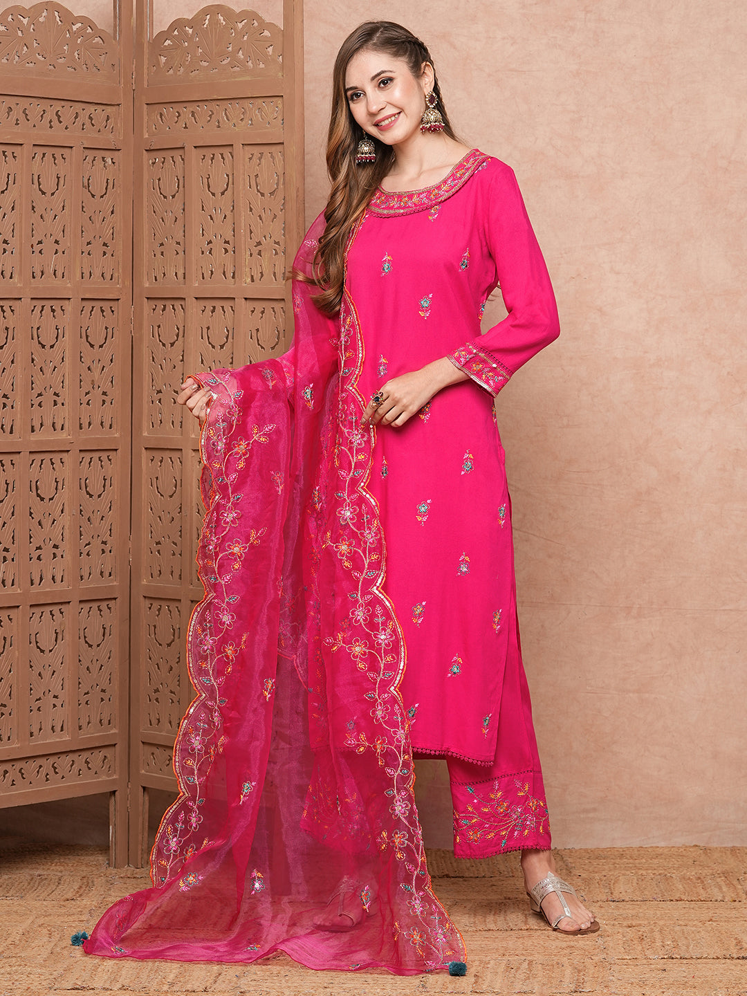 Solid Floral Thread Embroidered Straight Kurta with Pant & Organza Dupatta - Pink