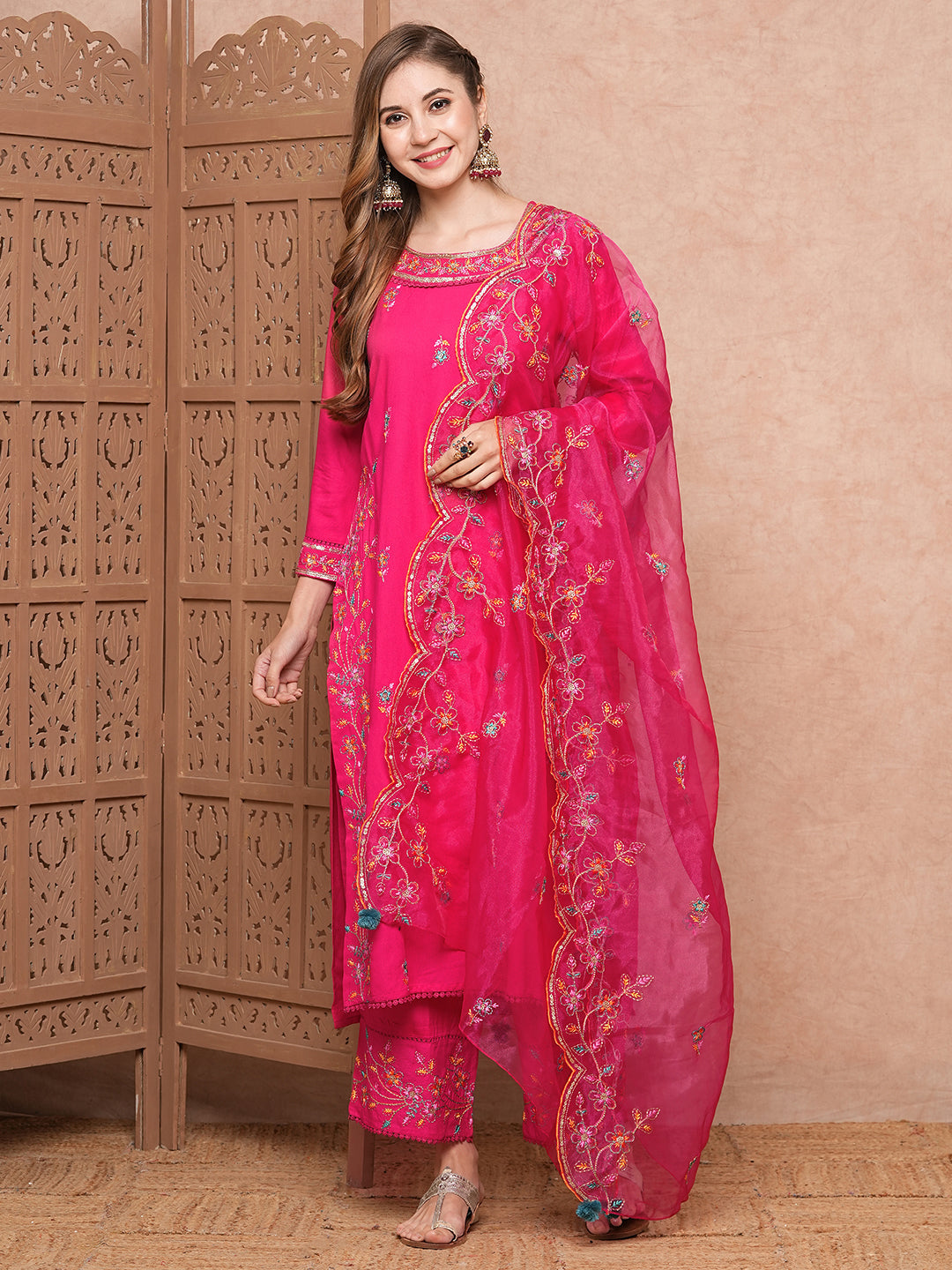 Solid Floral Thread Embroidered Straight Kurta with Pant & Organza Dupatta - Pink