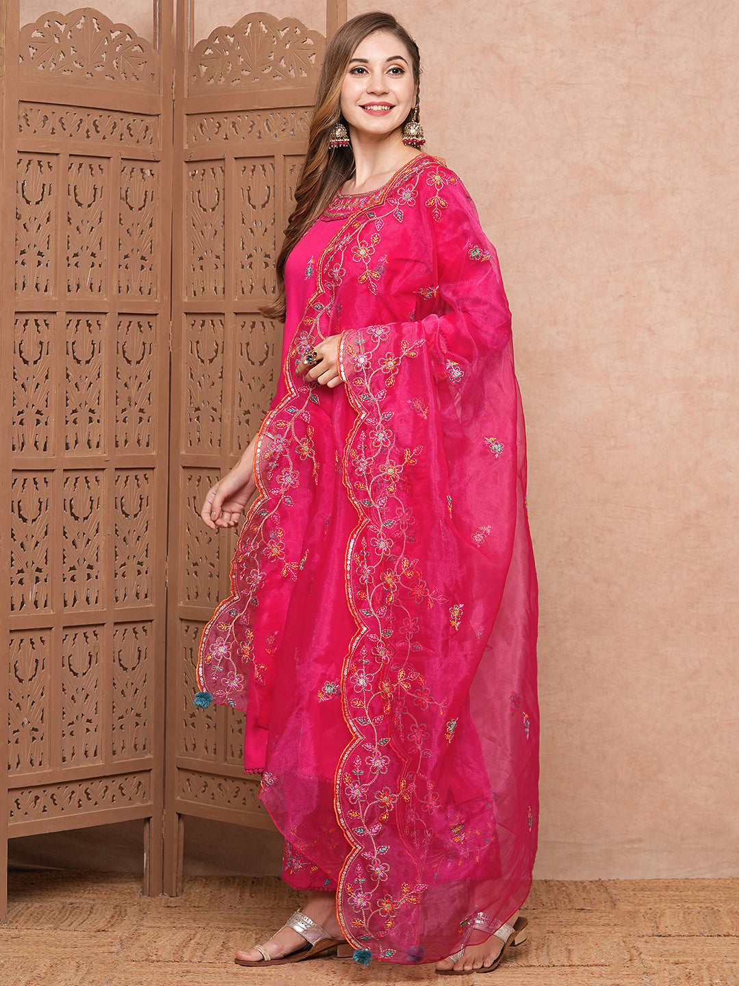 Solid Floral Thread Embroidered Straight Kurta with Pant & Organza Dupatta - Pink