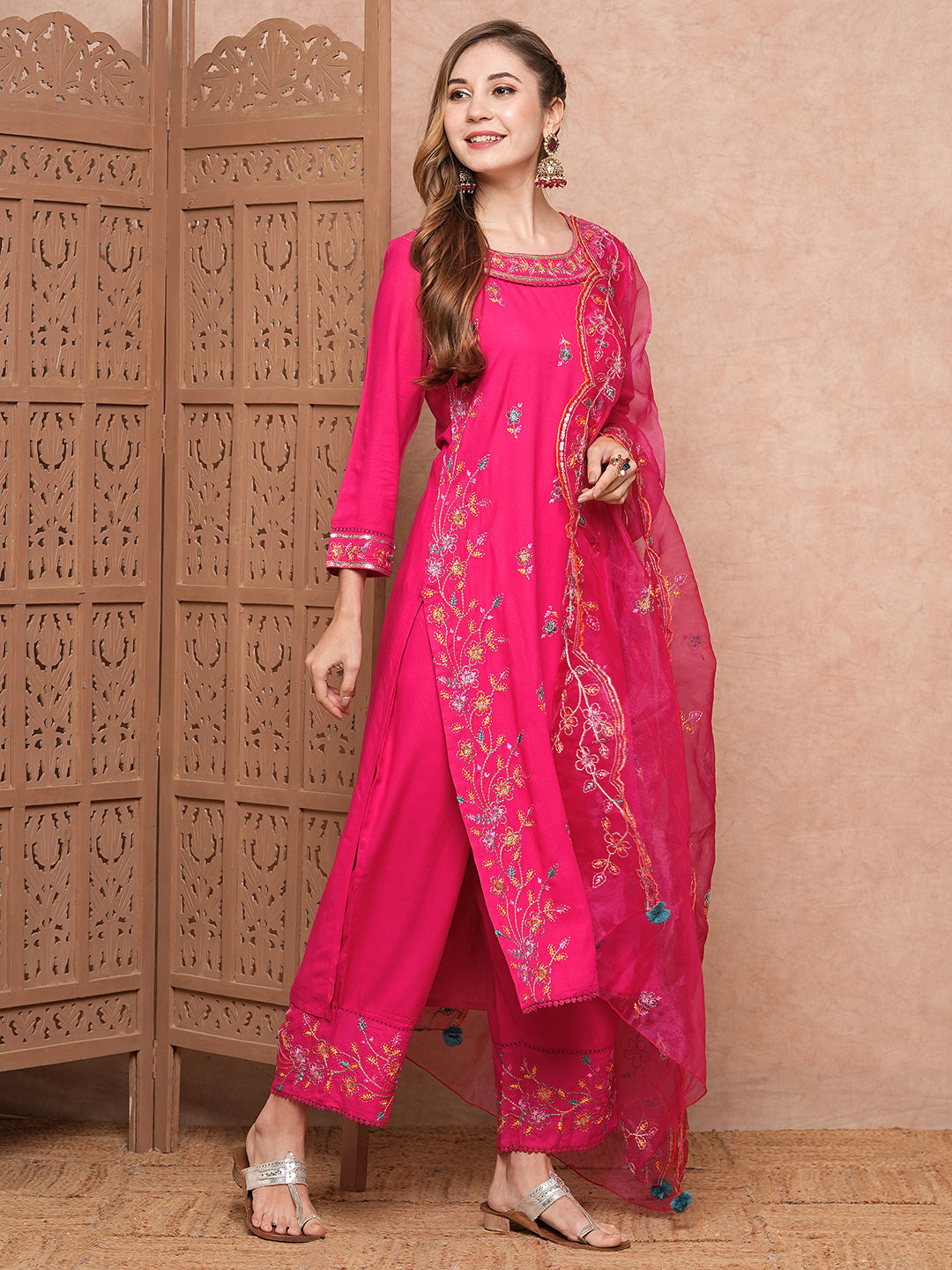 Solid Floral Thread Embroidered Straight Kurta with Pant & Organza Dupatta - Pink