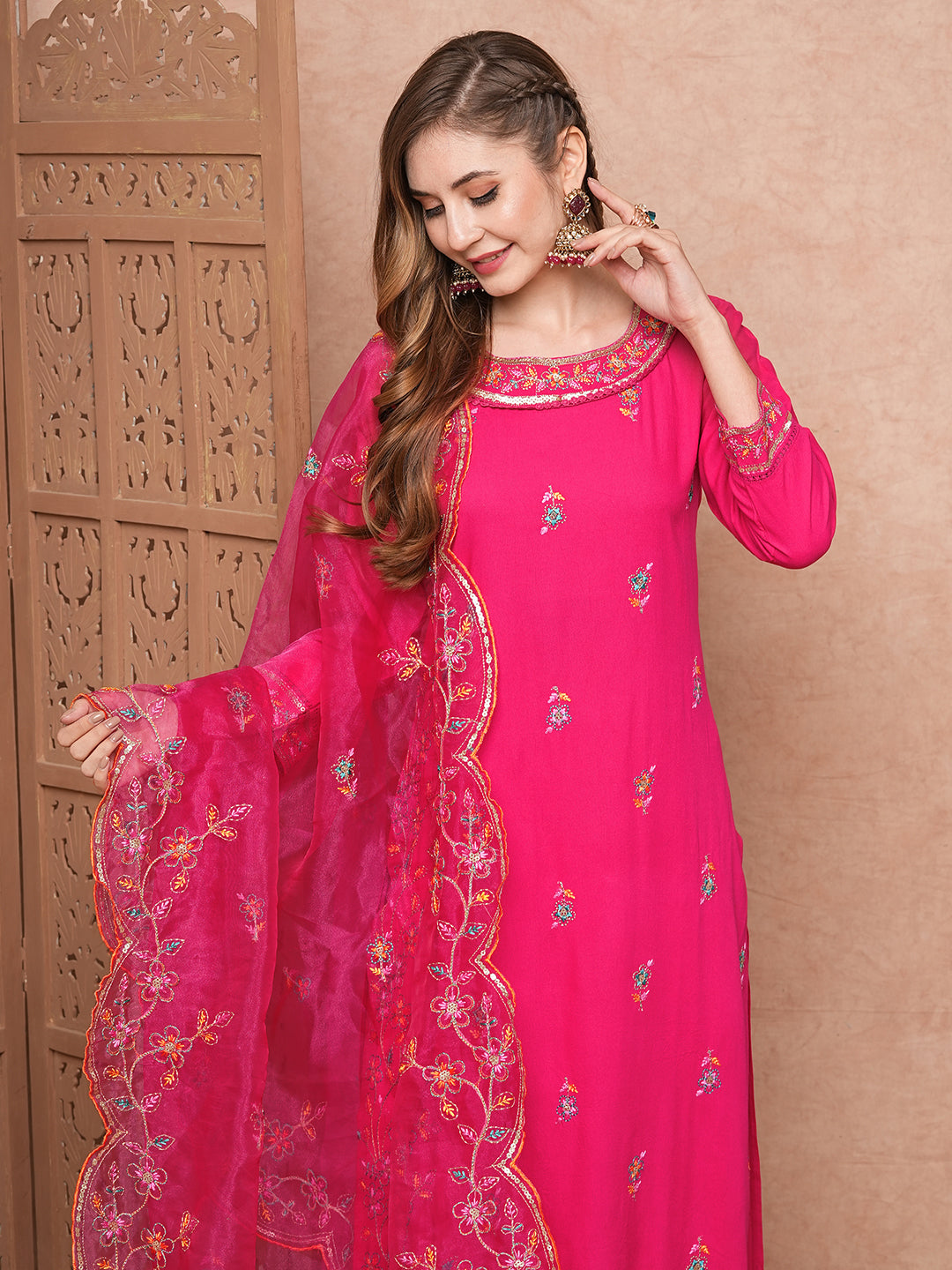 Solid Floral Thread Embroidered Straight Kurta with Pant & Organza Dupatta - Pink