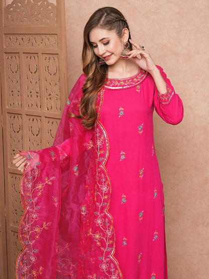 Solid Floral Thread Embroidered Straight Kurta with Pant & Organza Dupatta - Pink