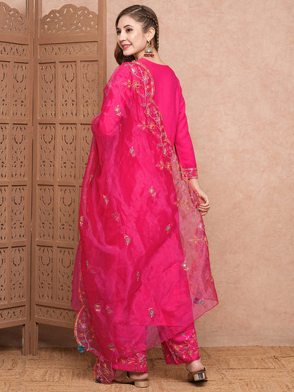 Solid Floral Thread Embroidered Straight Kurta with Pant & Organza Dupatta - Pink