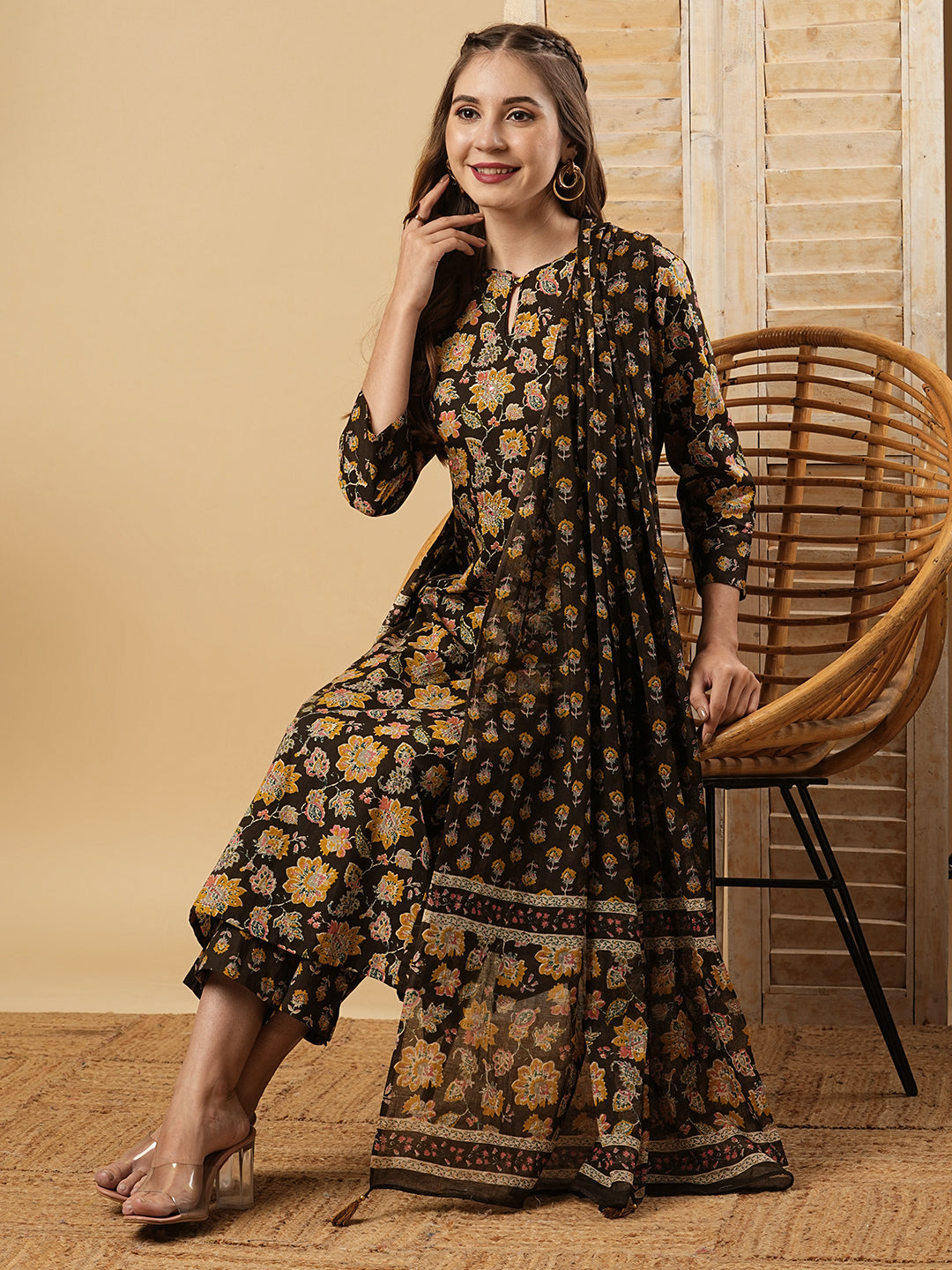 Floral Printed Mirror & Zari Embroidered A-line Kurta with Pants & Dupatta - Coffee Brown