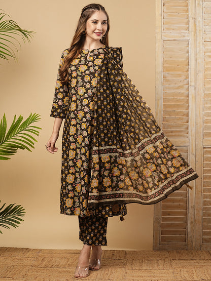 Floral Printed Mirror & Zari Embroidered A-line Kurta with Pants & Dupatta - Coffee Brown