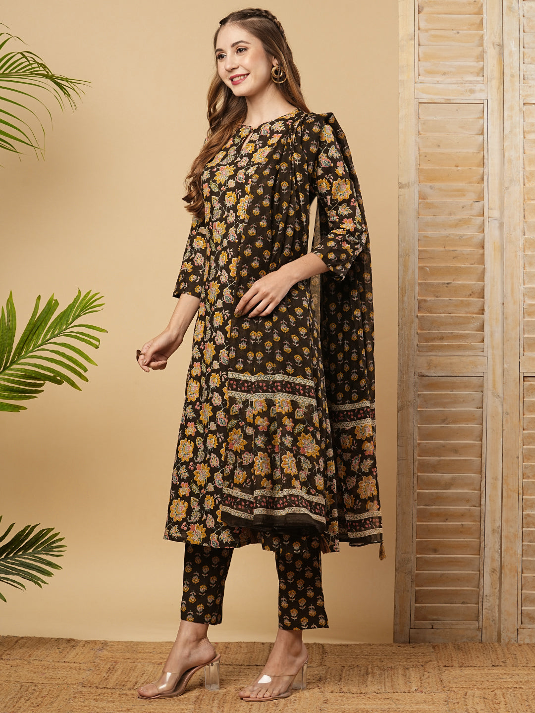 Floral Printed Mirror & Zari Embroidered A-line Kurta with Pants & Dupatta - Coffee Brown