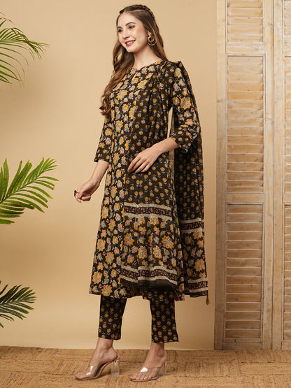 Floral Printed Mirror & Zari Embroidered A-line Kurta with Pants & Dupatta - Coffee Brown