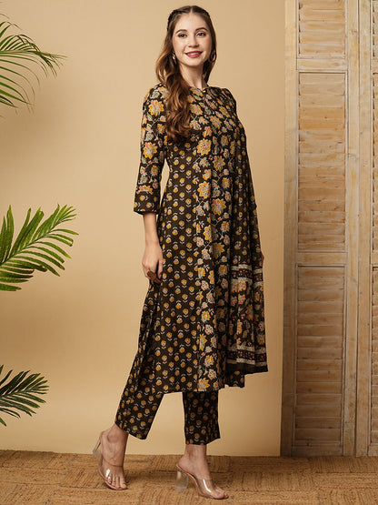 Floral Printed Mirror & Zari Embroidered A-line Kurta with Pants & Dupatta - Coffee Brown