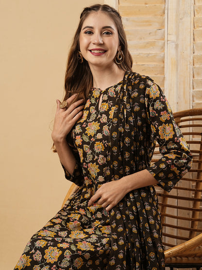 Floral Printed Mirror & Zari Embroidered A-line Kurta with Pants & Dupatta - Coffee Brown