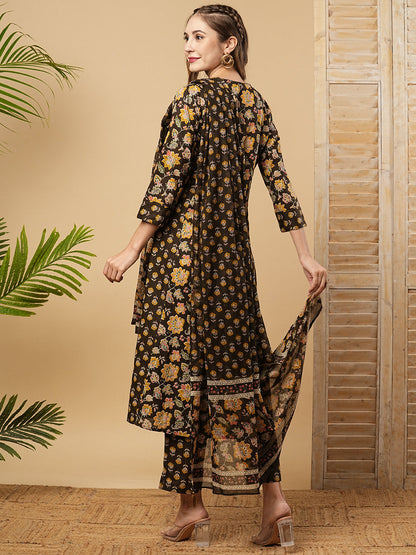 Floral Printed Mirror & Zari Embroidered A-line Kurta with Pants & Dupatta - Coffee Brown