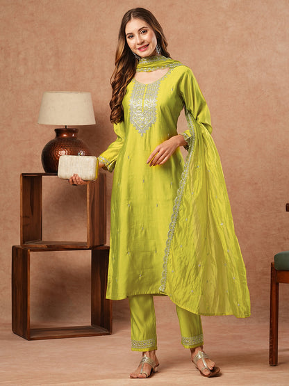 Solid Zari & Sequins Embroidered Kurta with Pants & Dupatta - Lime Yellow